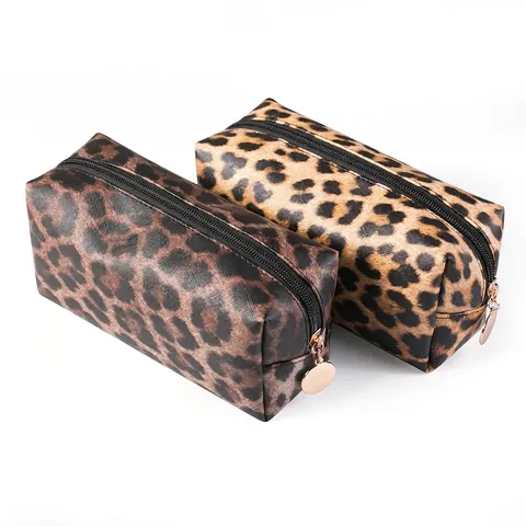 Leopard Print Cosmetic Bag Waterproof PU Leather Makeup Case Travel Toiletry Storage Organizer For Women Gold Zipper Pull
