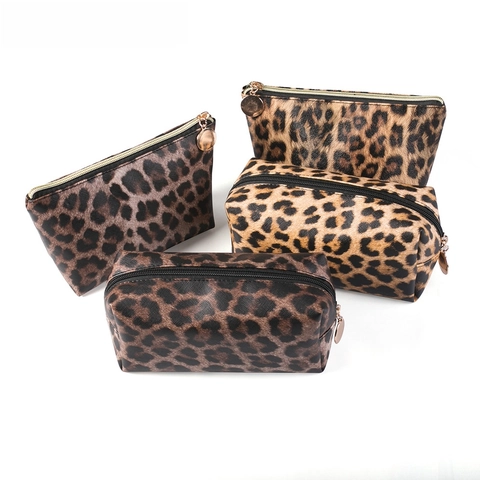 Leopard Print Cosmetic Bag Waterproof PU Leather Makeup Case Travel Toiletry Storage Organizer For Women Gold Zipper Pull