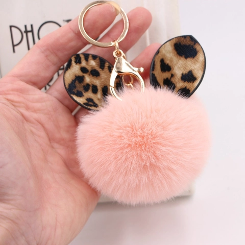 Leopard Print Rabbit Ear Plush Pompom Keychain Faux Fur Bag Pendant Accessories With Gold Metal Ring For Women Girls