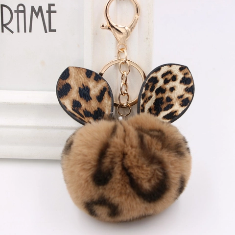 Leopard Print Rabbit Ear Plush Pompom Keychain Faux Fur Bag Pendant Accessories With Gold Metal Ring For Women Girls