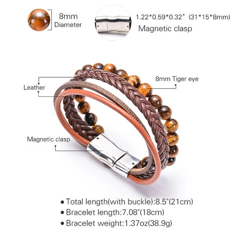 Tiger Eye Stone Lederen Multi Layer Armband Met Magneetsluiting Retro Casual Sieraden
