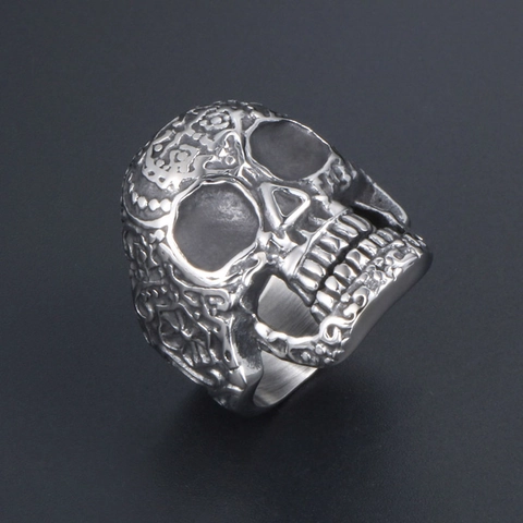 Retro Stainless Steel Skull Ring Gothic Punk Carved Pattern Biker Jewelry For Men Vintage Oxidized Silver Color Band