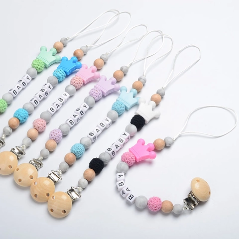Baby Pacifier Clip Chain Silicone Wood Crochet Beads Crown Teether Soother Holder Infant Nursing Accessories