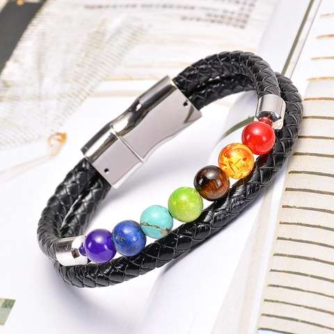 Zweilagiges Geflochtenes Lederarmband Mit Natürlichem Vulkanischem Lavastein Und 7 Chakra Perlen Magnetverschluss Für Herren