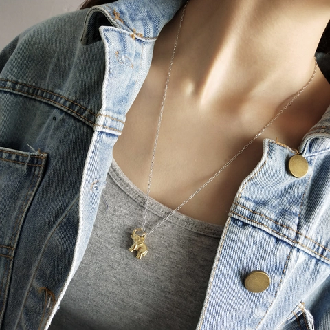 Elefant Anhänger Lange Halskette 925 Sterlingsilber Zweifarbig Vergoldet Minimalistischer Tier Schmuck Damen