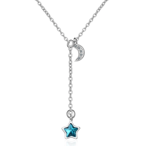 Collana Pendente Rame Placcato Oro Bianco Stella Blu Zircone Luna Crescente Elegante Dolce Minimalista Gioielli Per Donna