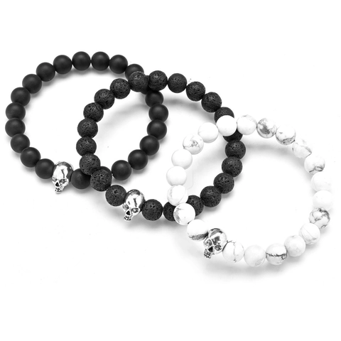 Bracciale Con Perline Di Teschio Pietra Lavica Naturale Turchese Bianco Agata Opaca Per Uomini Donne Gioielli Yoga Stile Punk