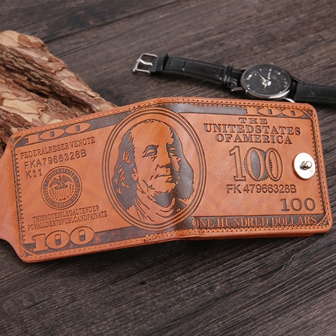Portefeuille Homme Pliant Vintage Cuir PU Motif Billet Dollar US Bouton Magnétique Clip À Monnaie Business