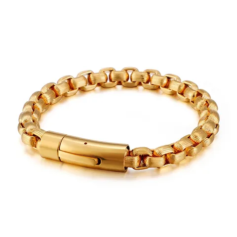 Men 316L Stainless Steel Box Chain Bracelet Striped Link Texture Punk Industrial Style Jewelry Snap Clasp