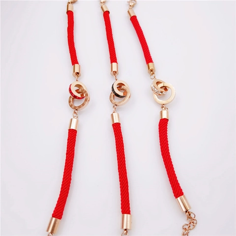 Bracciale Corda Intrecciata Rossa Acciaio Titanio Oro Rosa Doppi Anelli Intrecciati Numeri Romani Zircone Gioielli Moda Donna