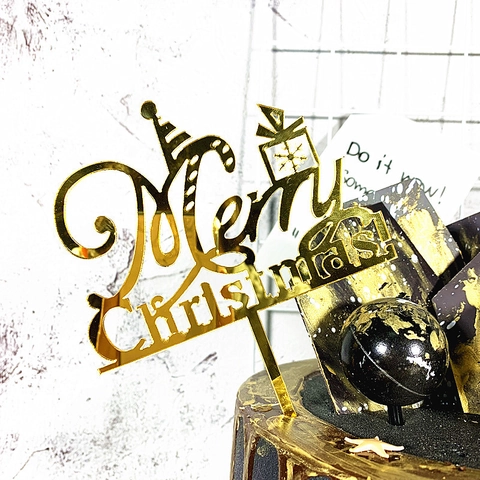 Merry Christmas Cake Topper Acrylic Mirror Gold Red Festive Party Decoration INS Style Dessert Ornament Top