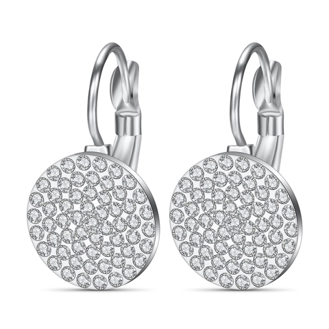 Stainless Steel Round Leverback Hoop Earrings Pave Rhinestone Circular Drop Earrings For Women Fashion Daily Office Jewelry Gift