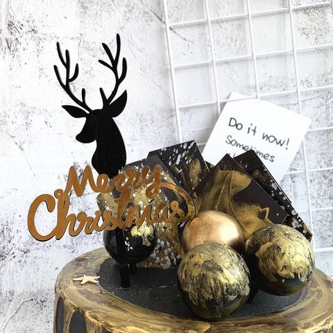 Merry Christmas Cake Topper Reindeer Antler Acrylic Mirror Gold Black Holiday Dessert Decoration