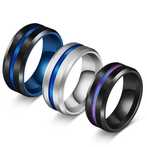 Anello In Acciaio Inossidabile Spazzolato Con Scanalatura Blu E Interno Arcobaleno Gioielli Di Moda Unisex Per Uso Quotidiano