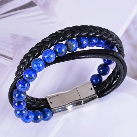 Mehrlagiges Naturstein Armband Lapislazuli Achat Geflochtenes Lederseil Edelstahl Magnetverschluss Mode Unisex