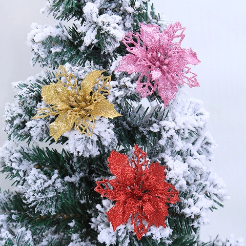 Flores De Navidad Artificiales Brillo Hueco Poinsettia Adornos Para Árboles Decoración De Fiesta