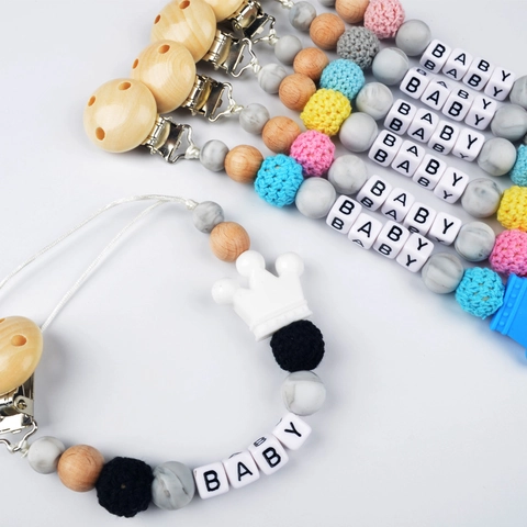 Baby Pacifier Clip Chain Silicone Wood Crochet Beads Crown Teether Soother Holder Infant Nursing Accessories