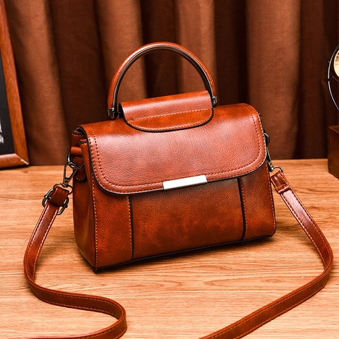 Women Crossbody Bag Retro PU Leather Flap Small Handbag With Metal Handle Adjustable Shoulder Strap For Casual Daily Wear