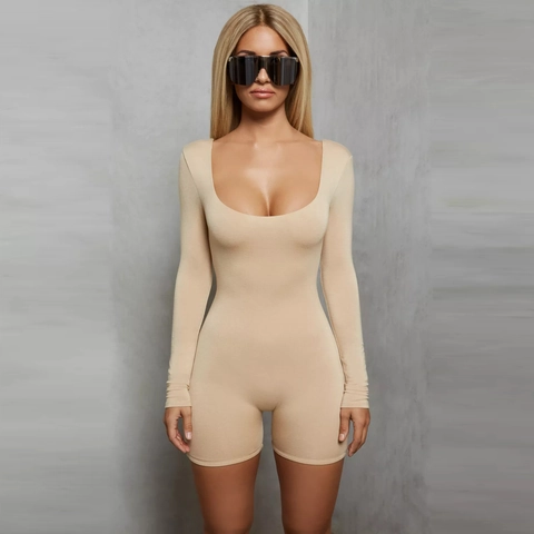 Women Long Sleeve Backless Jumpsuit Sexy U Neck Slim Fit Solid Color Shorts Romper Bodysuit