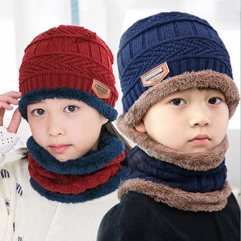 Kids Winter Knitted Beanie Hat And Neck Warmer Set Acrylic Fleece Lined Warm Thick Cap For Boys Girls Outdoor Cold Weather Accessory