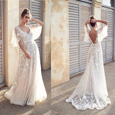 Vestito Lungo In Pizzo Bianco Scollo A V Schiena Scoperta Maniche A Campana Ricamo Floreale Boho Matrimonio Donna