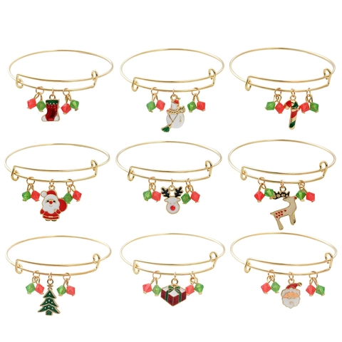 Christmas Expandable Bangle Bracelet Gold Plated Alloy Enamel Charms Colorful Beads Festive Holiday Fashion Jewelry