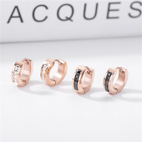 Minimalistische Titanium Staal Ronde Creolen Voor Dames Roségoud Verguld Zwart Wit Strass Geometrische Mode Sieraden