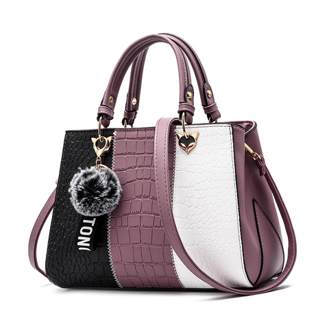 Borsa A Mano Donna Pelle PU Motivo Coccodrillo Colorblock Borsa A Tracolla Con Ciondolo Pompon Grande