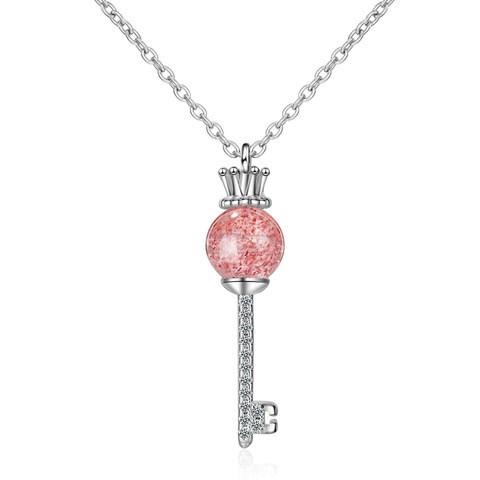Romantische Kroonsleutel Hanger Ketting Met Roze Aardbeienkwarts En Strass Legering Ketting Voor Vrouwen Sieraden Cadeau