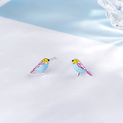 Orecchini a Bottone a Forma di Uccello in Smalto Multicolore per Donna Base in Rame Perno in Argento Stile Coreano Gioielli Animali