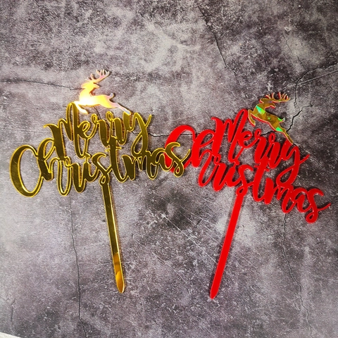 Merry Christmas Cake Topper Reindeer Silhouette Acrylic Mirror Golden Red Festive Holiday Party Dessert Decoration Sign