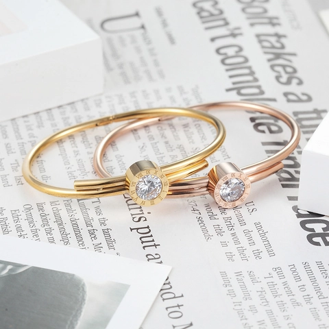 Stainless Steel Bangle For Women With Round Cubic Zirconia Inlaid Roman Numeral Engraved Minimalist Classic Fashion Jewelry