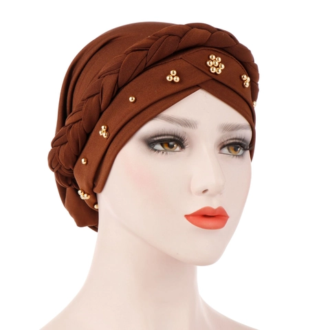 Women Turban Hat Braided Headwrap With Metallic Beads Stretchy Polyester Ethnic Bohemian Style Headwear Lightweight