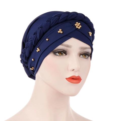 Women Turban Hat Braided Headwrap With Metallic Beads Stretchy Polyester Ethnic Bohemian Style Headwear Lightweight