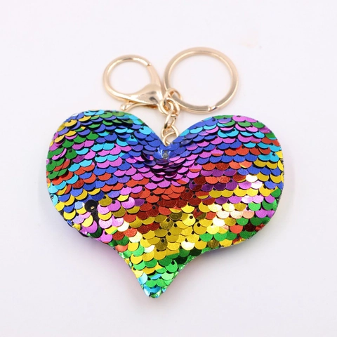 Shiny Reversible Sequin Heart Keychain Glitter Star Unicorn Animal Shape Bag Charm Gold Metal Ring Reflective Keyring Gift