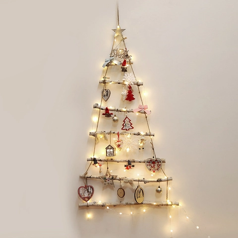 Decoración De Árbol De Navidad De Pared Madera Rama De Abedul Escalera Nórdico Rústico Pared Hogar Con Luces LED