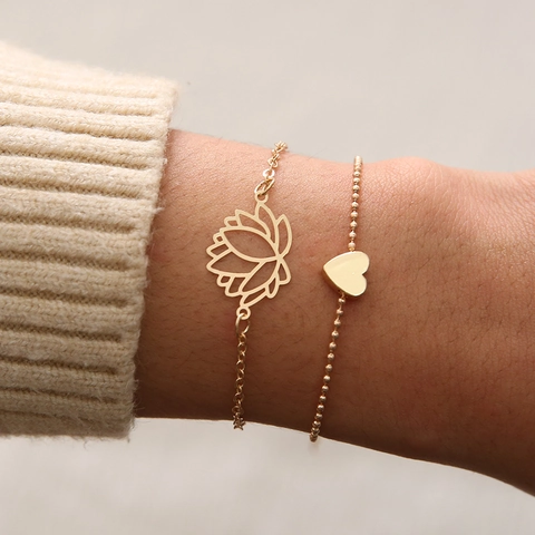 Hollow Lotus Pendant Bracelet And Heart Charm Bracelet Golden Alloy Minimalist Fashion Jewelry For Women