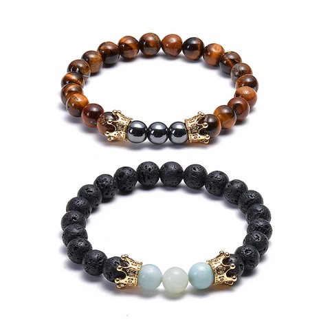 Bracciale di Perline in Pietra Vulcanica Naturale e Occhio di Tigre Con Corona in Rame e Zirconia per Uomo Donna Gioielli Elastici