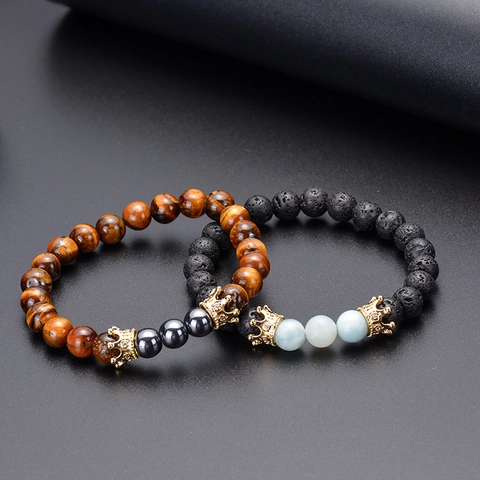 Bracciale di Perline in Pietra Vulcanica Naturale e Occhio di Tigre Con Corona in Rame e Zirconia per Uomo Donna Gioielli Elastici