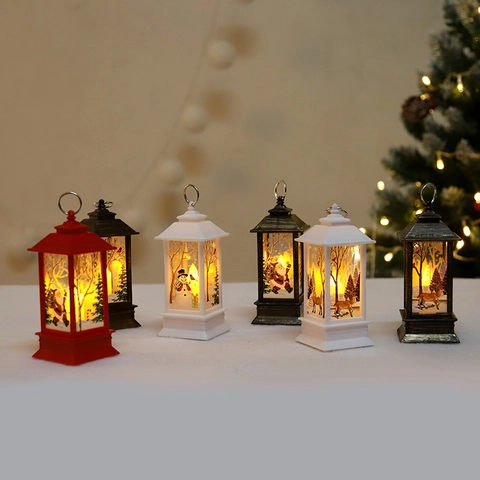 Christmas LED Lantern Simulation Flame Lamp Portable Hanging Decorative Desktop Ornament Warm Light PVC Plastic Santa Snowman Reindeer Patterns