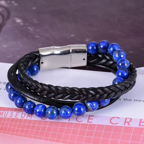 Mehrlagiges Naturstein Armband Lapislazuli Achat Geflochtenes Lederseil Edelstahl Magnetverschluss Mode Unisex