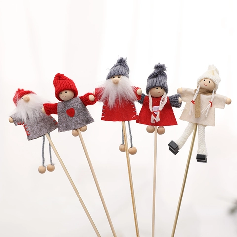Figurines De Navidad Estacas Madera Tejido Fieltro Papá Noel Muñeco De Nieve Gnomo Decoración