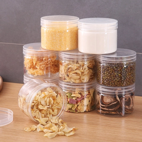 Clear Food Storage Jar Round Wide Mouth Airtight PET Plastic Canister For Grains Snacks Kitchen Organization