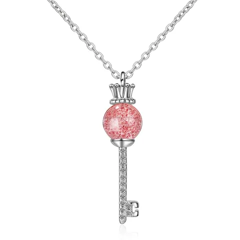 Romantische Kroonsleutel Hanger Ketting Met Roze Aardbeienkwarts En Strass Legering Ketting Voor Vrouwen Sieraden Cadeau