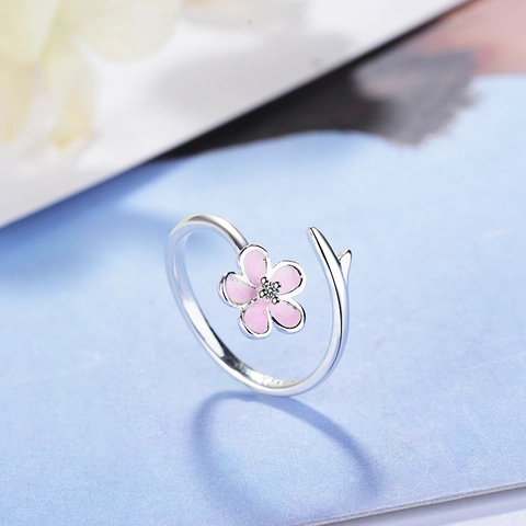 Süßer Rosa Blume Kupfer Offener Ring Für Damen Versilbert Strass Eingelegt Sakura Zweig Verstellbarer Fingerring Schmuck