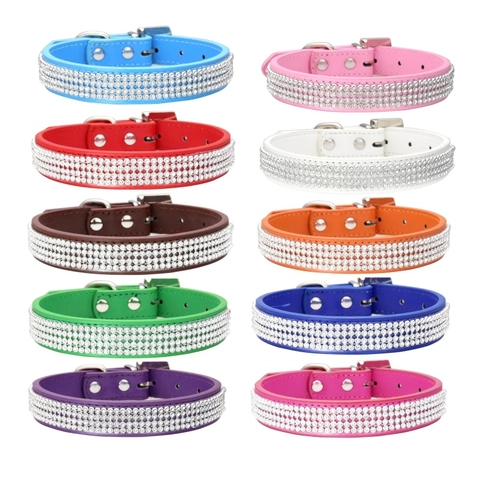 Pet Dog Cat Collar PU Leather Bling Rhinestone Shiny Adjustable Candy Color Neckband For Small Medium Large Dogs Cats Puppy