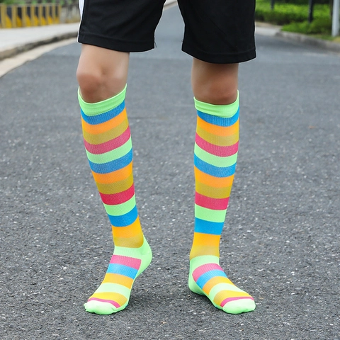 Athletic Knee High Socks Nylon Polyester Rainbow Striped Breathable Non Slip Football Sports For Men Women