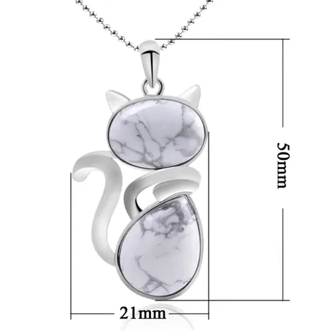 Cute Cat Animal Pendant Necklace Copper Inlaid Natural Stone Rose Quartz Amethyst Tiger Eye Ball Chain Jewelry For Women