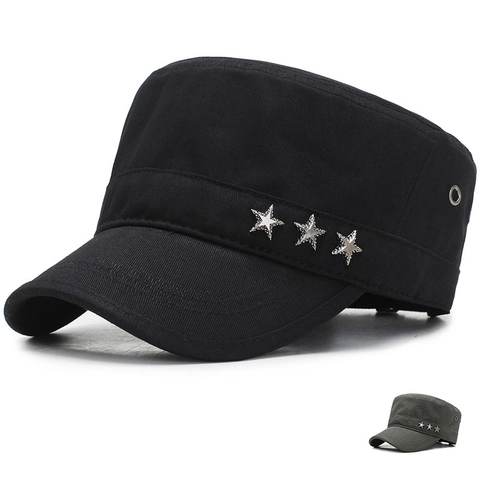 Cotton Flat Top Cadet Military Cap With Metal Star Rivets Adjustable Breathable Outdoor Sun Hat Vintage Style