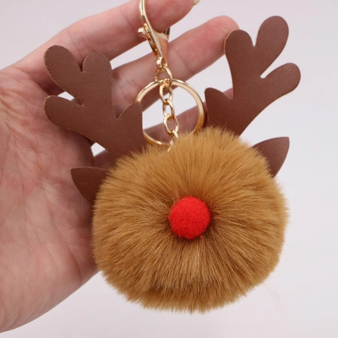 Llavero de Bola de Pelo de Reno de Navidad Lindo Pompón de Alce de Piel Sintética Amuleto de Bolso de Aleación de Metal Astas de Reno Regalo